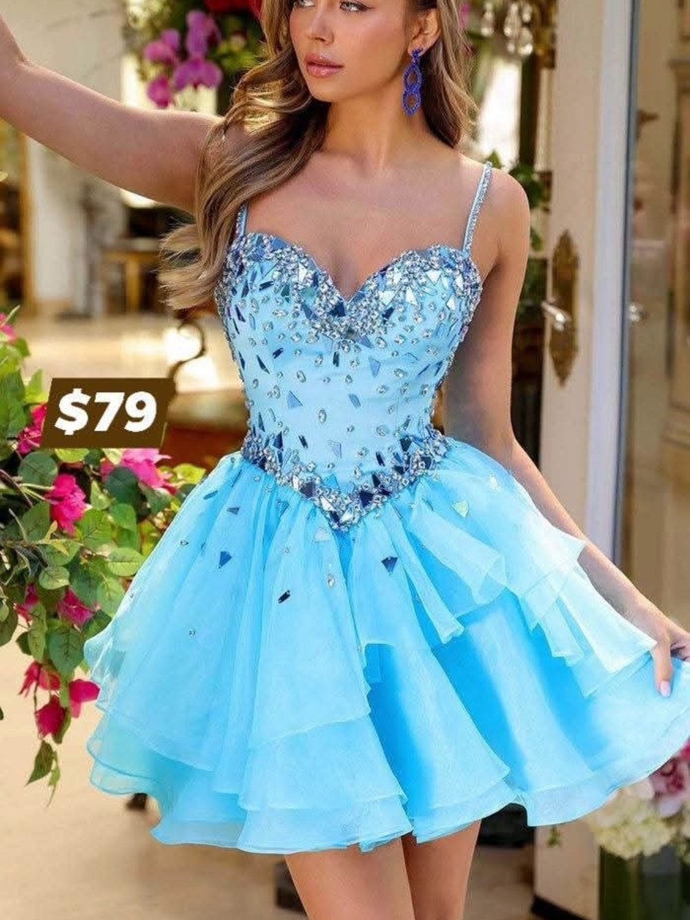 Light Blue Embellished Sweetheart Mini Dress